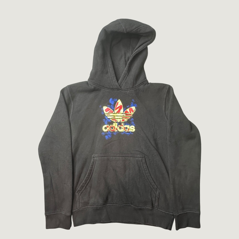 Adidas Hoodie Kids S 9-10Y Pullover Black Multi-Color Trefoil Graphic Logo